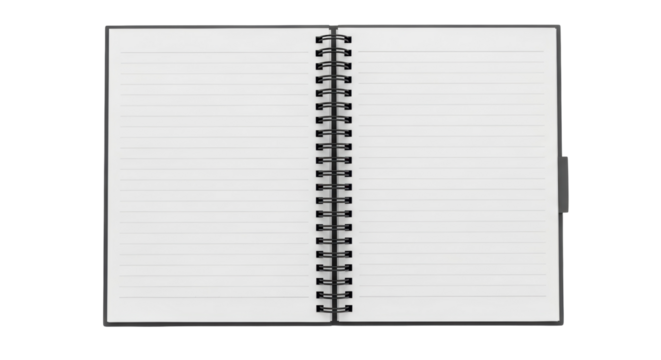 Open spiral notebook PNG isolated on transparent background, lined paper notepad for writing notes and planning tasks, stationery item