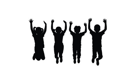 Black Silhouette Vector Illustration of Four Happy Children Jumping with Hands Raised