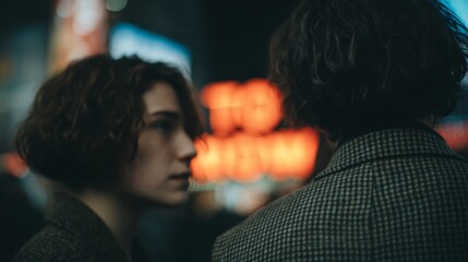 Stylish Couple in City Lights at Night