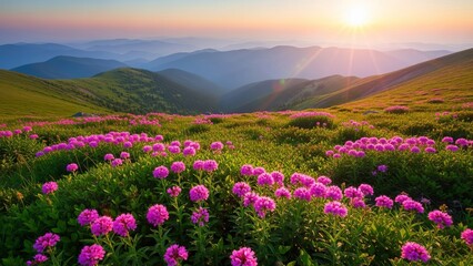 Scenic mountain meadow with blooming rhododendrons and sunlit peaks at dawn landscape nature