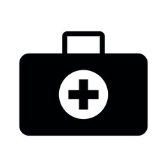 First Aid Kit Icon Vector Flat Illustration on White Background. Black Case Silhouette, Medical Care Bag Logo  Symbol. 
