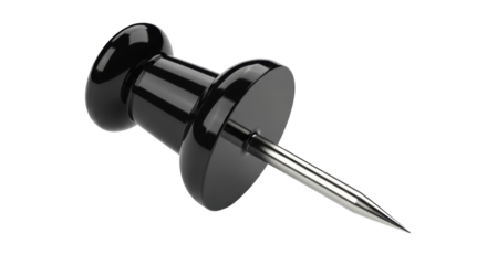 Black push pin isolated PNG on transparent background, office supply for bulletin boards and cork boards, notice board fastener