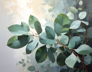 Eucalyptus branch illustration, soft lighting, abstract background, muted greens & browns, serene & calming artwork