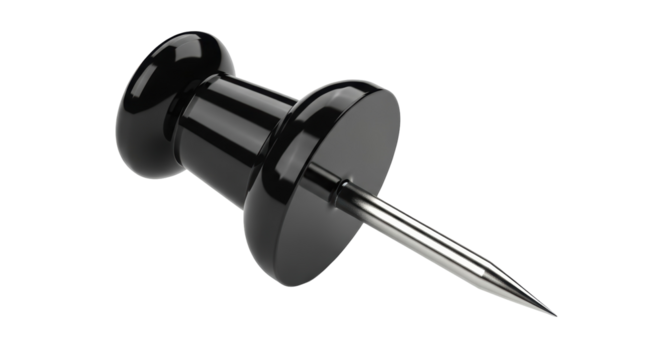 Black push pin isolated PNG on transparent background, office supply for bulletin boards and cork boards, notice board fastener - Powered by Adobe