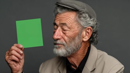 Elderly man with gray hair and beard holds a green square card, showcasing expressions and gestures, as the camera smoothly pans and zooms in to capture the scene's emotional depth and engagement