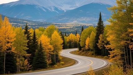 Autumn road winds through trees with mountain views in nature landscape and scenic drive