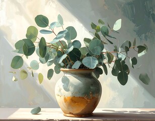 Eucalyptus branches in a speckled vase bask in sunlight, against an abstract wall