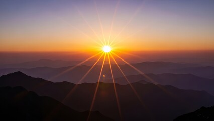Sunrise shining over mountain landscape with radiating sunrays nature dawn peaceful serene