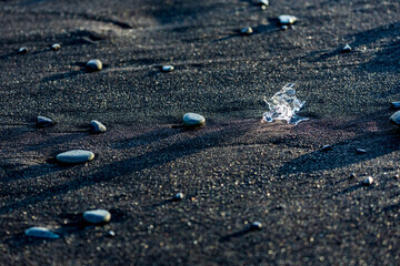 Scenery black sandy beach view near J&ouml;kuls&aacute;rl&oacute;n, glacier lake in Southern Iceland. Tourist and travel European destination on the island.