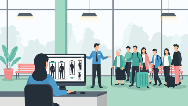 Airport Security Checkpoint Illustration. Passengers in Queue for Body Scanner Screening Managed by Staff at Terminal Desk.