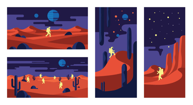 Illustrations of astronauts exploring the surreal desert landscape of an alien planet with large cacti and strange rock formations.
