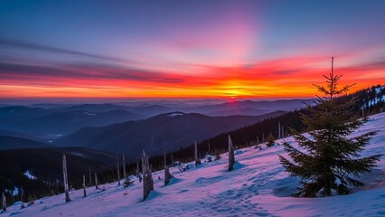 Winter mountain landscape with snow capped peak and dramatic sunrise or sunset scenery