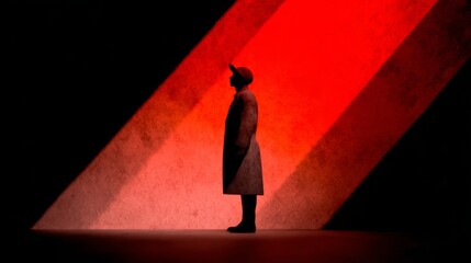Silhouette man in coat standing in dramatic red spotlight