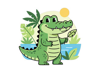 Pixel Art Green Alligator Standing Near Water Surrounded by Tropical Leaves and a Yellow Sun with a Cheerful Expression Holding a Leaf in its Mouth on a Transparent Background
