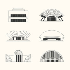 Vector art of collection of architectural building outlines, showcasing diverse modern and classical designs, isolated on a light background