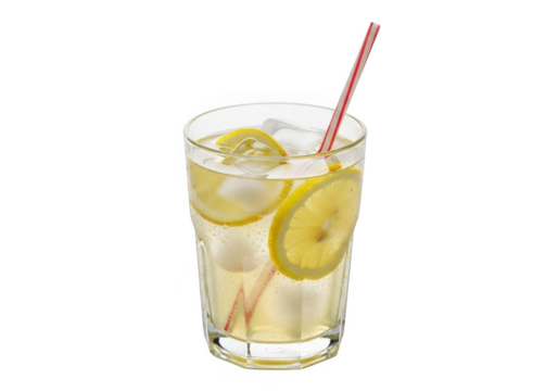 Bright lemonade glass with ice and lemon isolated on transparent background - Powered by Adobe