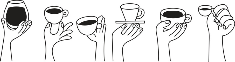 Continuous line art hands holding coffee and drink cups – minimal illustration
