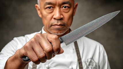 Skilled chef confidently holds a sharp knife, showcasing culinary expertise and focus, with a gradual zoom in on the knife's intricate details and the chef's determined expression
