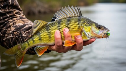 Fisherman hand holding a yellow perch angling sport fish freshwater catch and release fishing