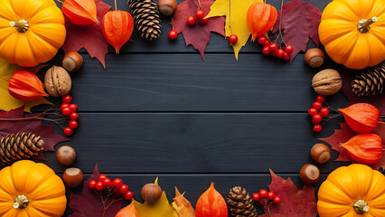 Rustic autumn frame featuring vibrant colorful leaves, pumpkins, and natural seasonal elements arranged on a dark wooden background, perfect for cozy fall designs