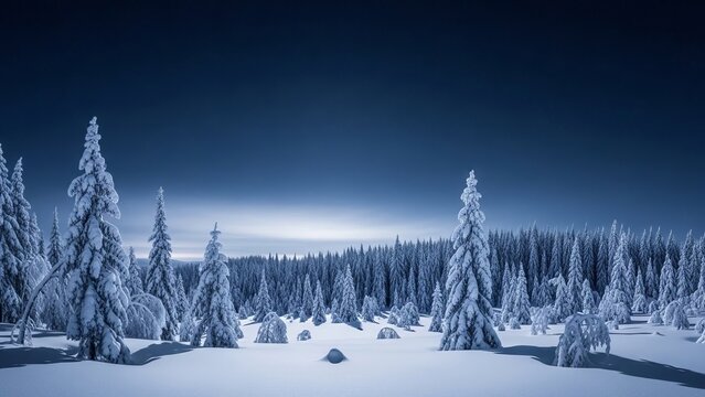 Winter wonderland scenery of snow covered fir trees in a serene peaceful forest landscape - Powered by Adobe