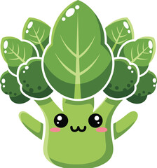Cute cartoon broccoli character with smiling face, raised arms, green florets and blush cheeks, healthy food theme, flat vector illustration