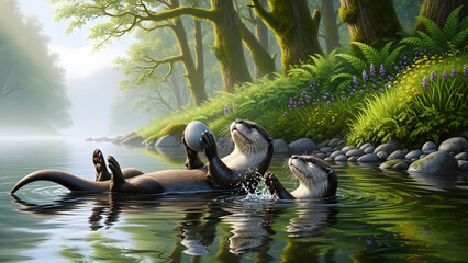 Two otters floating on their backs in a serene forest river, one holding a rock animal wildlife