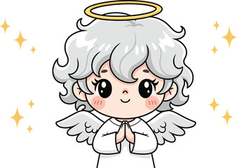 Cartoon angel with halo, wings, and prayerful pose surrounded by sparkles, spiritual and cute theme, flat vector illustration