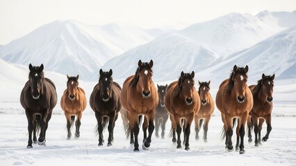 Wild mustang horse herd running snow mountain landscape winter nature animal freedom journey
