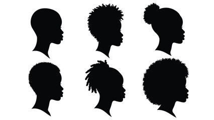 Black Women Profile Silhouettes Set. Vector Illustration of Female Heads with Diverse Natural African Hairstyles (Afro, Dreadlocks, Short Cut)