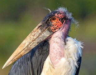 Close-up of a Marabou stork with a long beak and pink neck, against a blurred green background