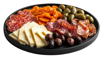 Appetizing antipasto platter with sliced salami, white cheese wedges, orange pepper chips, green olives, and black olives served on a black plate
