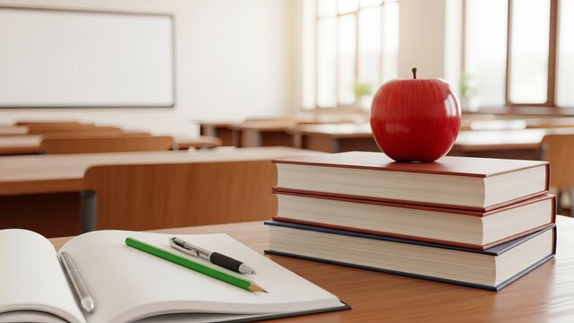 An apple on a stack of books with notebook and pencil symbolizing learning education