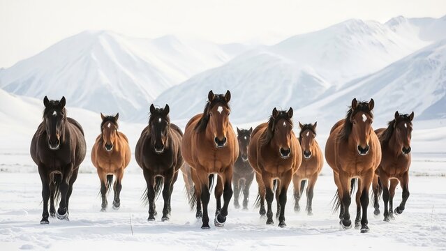Wild mustang horse herd running snow mountain landscape winter nature animal freedom journey