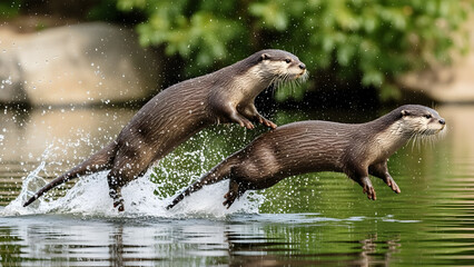 Two otters leaping out of the water with splashes in a lush green forest river animal wildlife