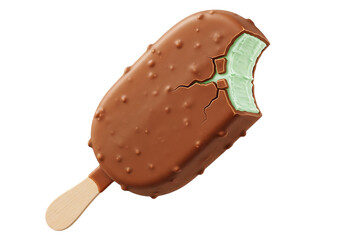 Bitten mint chocolate ice cream bar isolated on transparent background, delicious treat