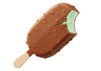 Bitten mint chocolate ice cream bar isolated on transparent background, delicious treat