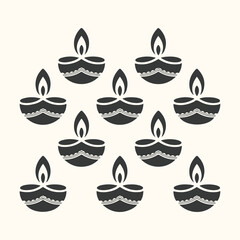 Vector art of a beautiful pattern of traditional indian diyas, oil lamps, illuminated with a warm glow, symbolizing light and prosperity, perfect for festive occasions