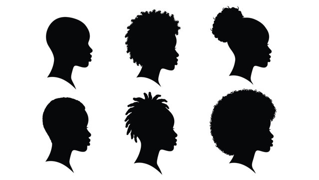 African American Women Profile Silhouettes Set. Diverse Natural Hairstyles Vector Illustration: Afro, Dreadlocks, Short Hair, and High Bun Styles