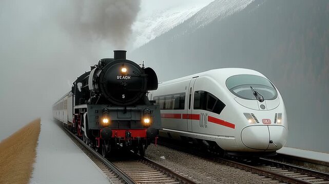 Steam locomotive and modern high-speed train positioned side by side on tracks, showcasing the contrast of technology, camera pans to capture the scene's dynamic evolution