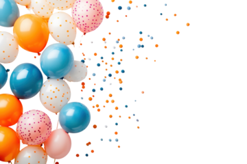 Colorful balloons and confetti float against a white background, perfect for celebrations or a party invitation, presented as a transparent Png file