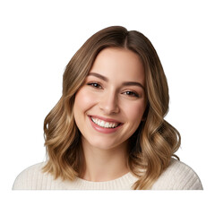 Portrait of a Smiling Young Woman with Wavy Brown Hair Wearing a Cozy White Sweater Isolated on a Transparent Background Showing Her Face and Shoulders with Soft Lighting