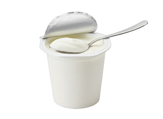 Product Photograph of a White Ceramic Cup of Yogurt with a Spoon Inside Isolated on a Transparent Background Soft Top Lighting and Clean Shadow Studio Shot