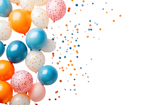 Colorful balloons and confetti float against a white background, perfect for celebrations or a party invitation, presented as a transparent Png file