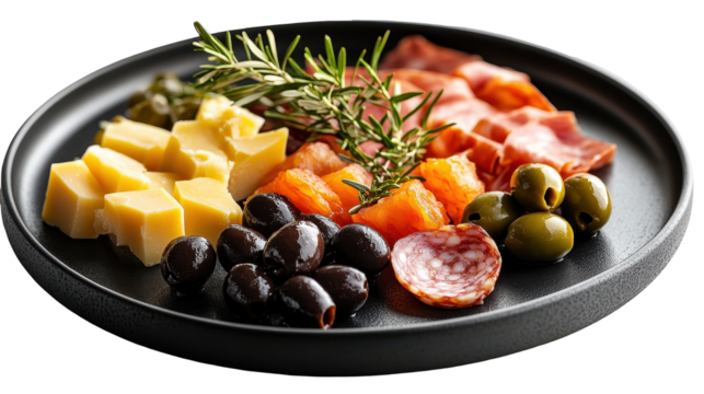 Appetizing antipasto platter with sliced salami, white cheese wedges, orange pepper chips, green olives, and black olives served on a black plate - Powered by Adobe