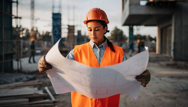 Strong hispanic female engineer or construction worker in safety vest and hard hat reviewing blueprints on a building site
