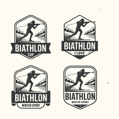 Vector art of set of four biathlon emblems featuring skiers with rifles, symbolizing winter sport and competition