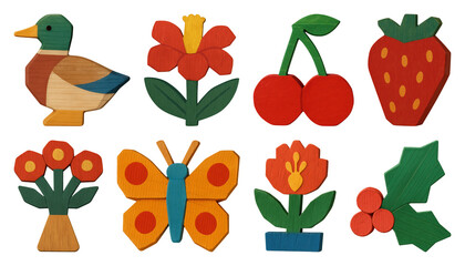 PNG Colorful wooden nature-themed cutouts, element set on transparent background