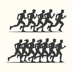 Vector art of group of runners in silhouette, representing competition and athletic pursuit, depicted in two rows against a neutral background