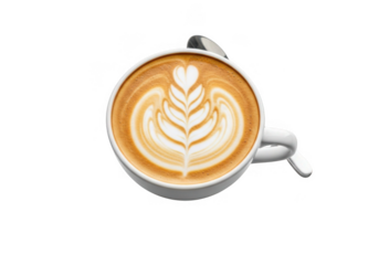 Hot espresso drink with frothy milk art isolated on transparent background